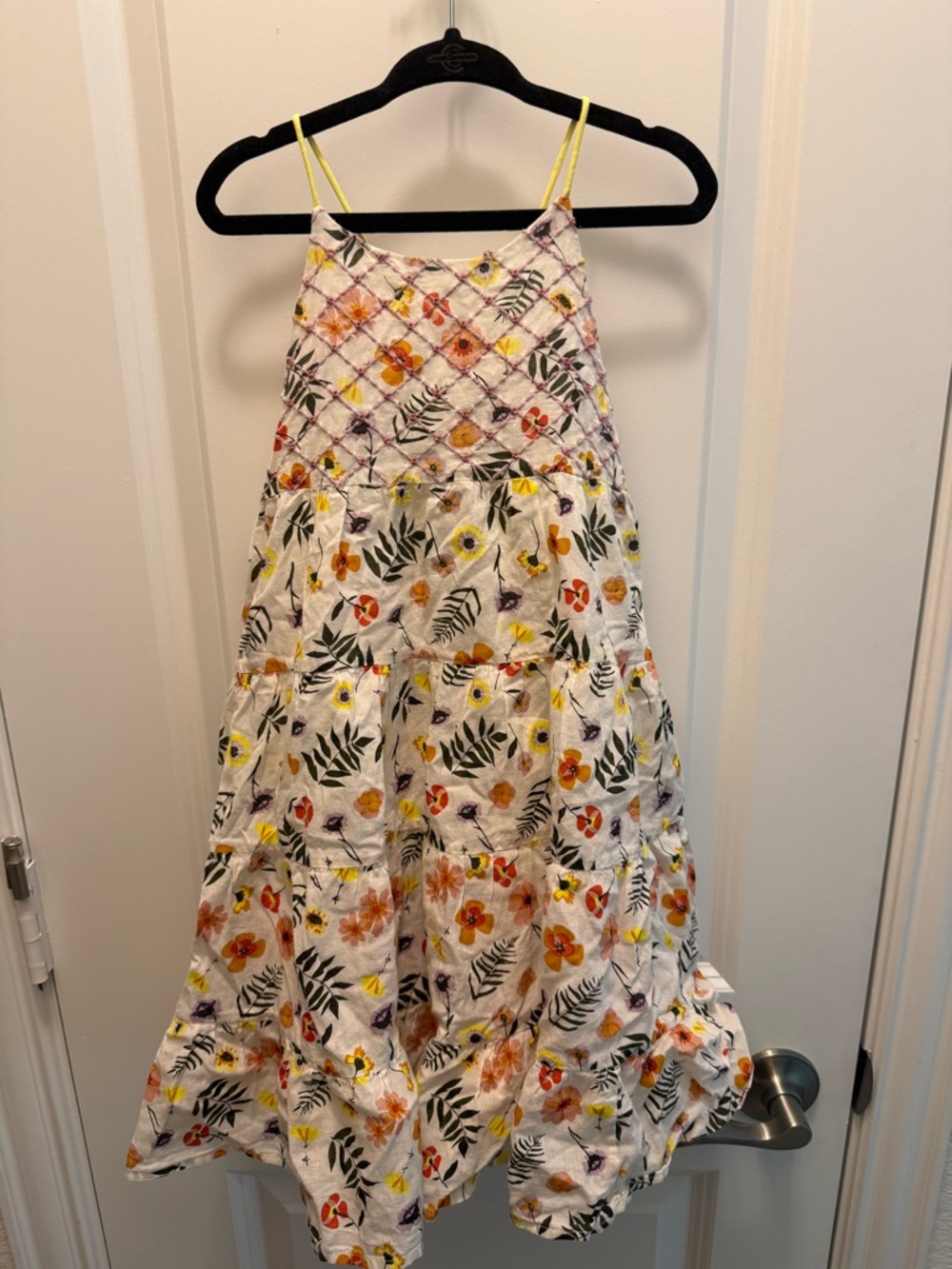 Velveteen White Floral Tiered Dress with Yellow Straps